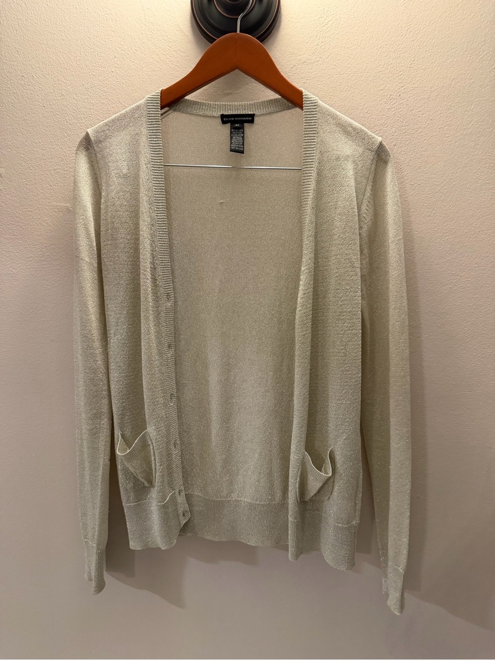 Club Monaco Womens‎ Metallic Gold Open Front Cardigan Sweater Small Pockets